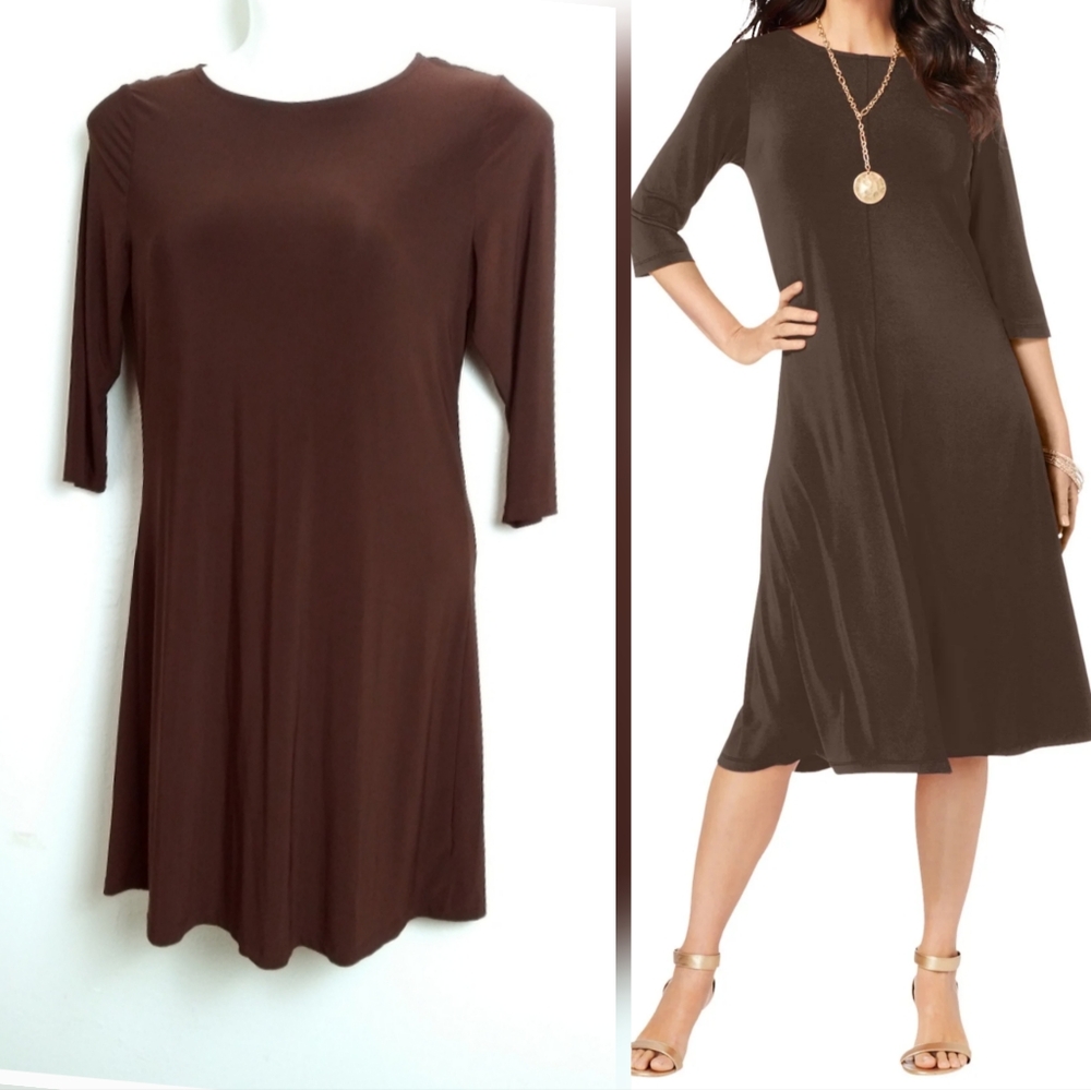 Effortless Style by Cltl M Knits Swing Boatneck Dress Dark Brown Elbow Sleeve